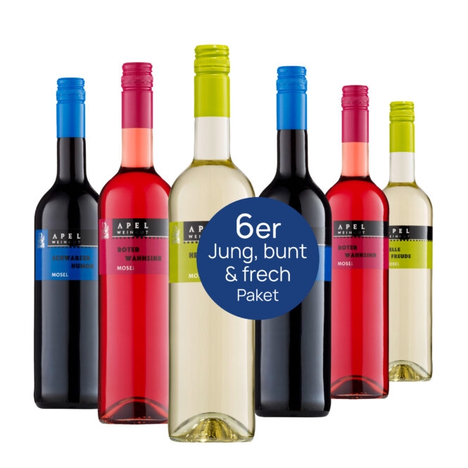 6er Jung, bunt & frech Paket vom Weingut Apel mit Helle Freude, Roter Wahnsinn und Schwarzer Humor.