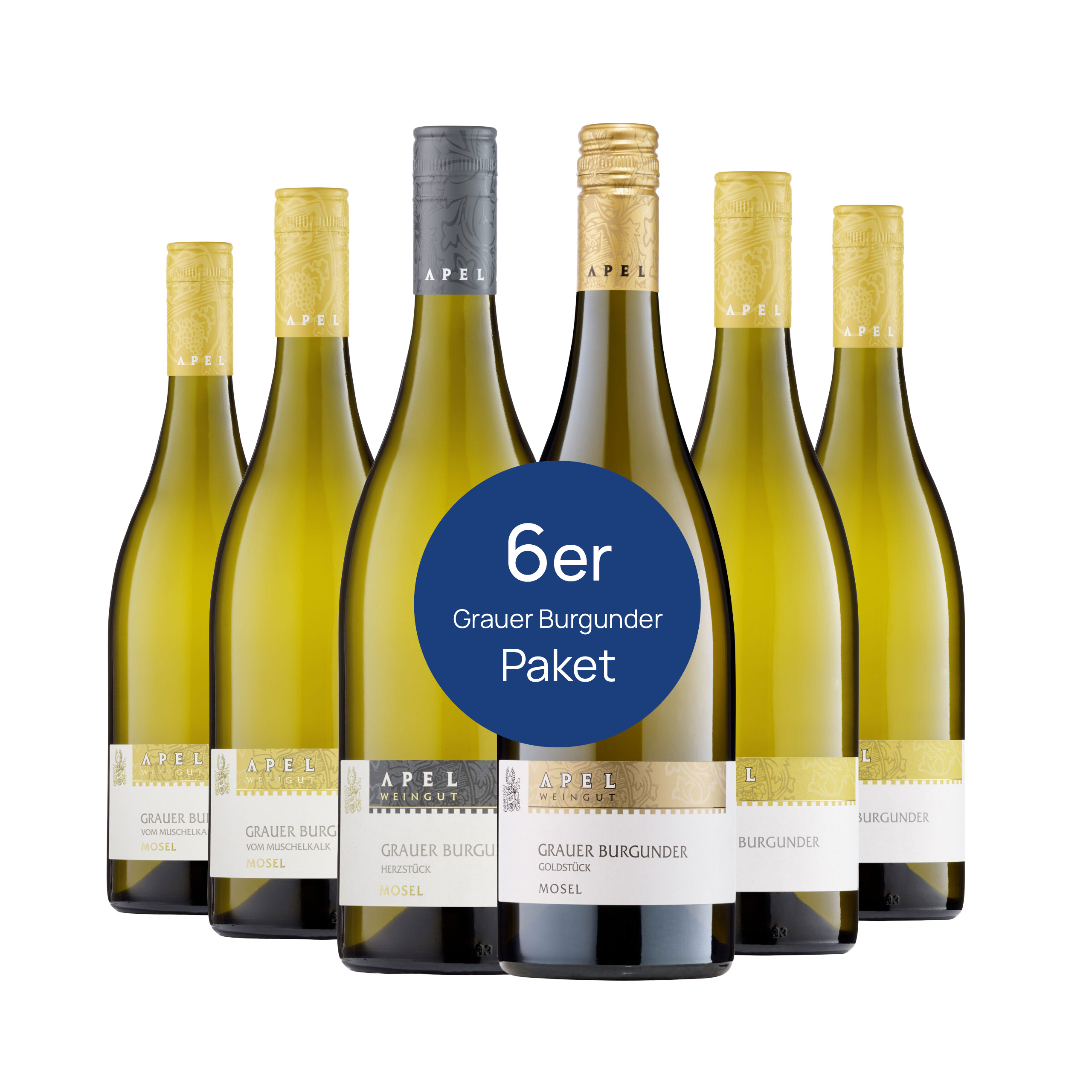 E Pak mat sechs Pinot Gris Wäiner vun der Apel Weingutt, mat sechs Fläsche Pinot Gris virun engem wäissen Hannergrond.