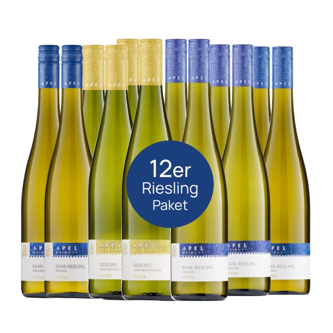 12er Rieslingpaket vom Weingut Apel mit Riesling trocken, feinherbem Riesling, Riesling Kabinett und Riesling Spätlese.