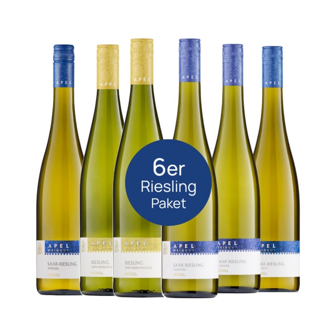 6er Rieslingpaket vom Weingut Apel mit trockenem Riesling, feinherbem Riesling, Riesling Kabinett und Riesling Spätlese.